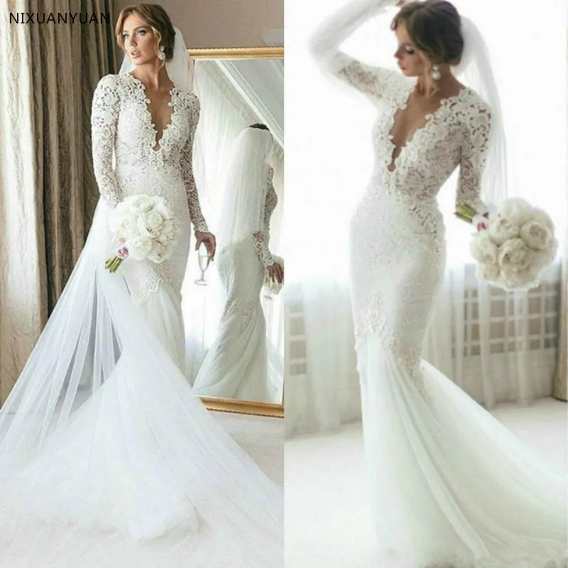 mermaid wedding dress lace sleeves