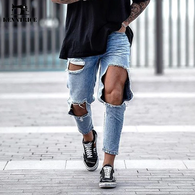 Acquistare Jeans uomo | KENNTRICE Men Jeans Hip Hop Streetwear Destroyed  Ripped Denim Pants Loose Knee Hole Male Jeans pants