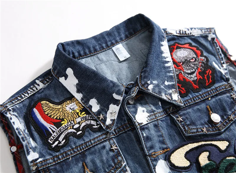 New Embroidered Denim Vests Men Washed 