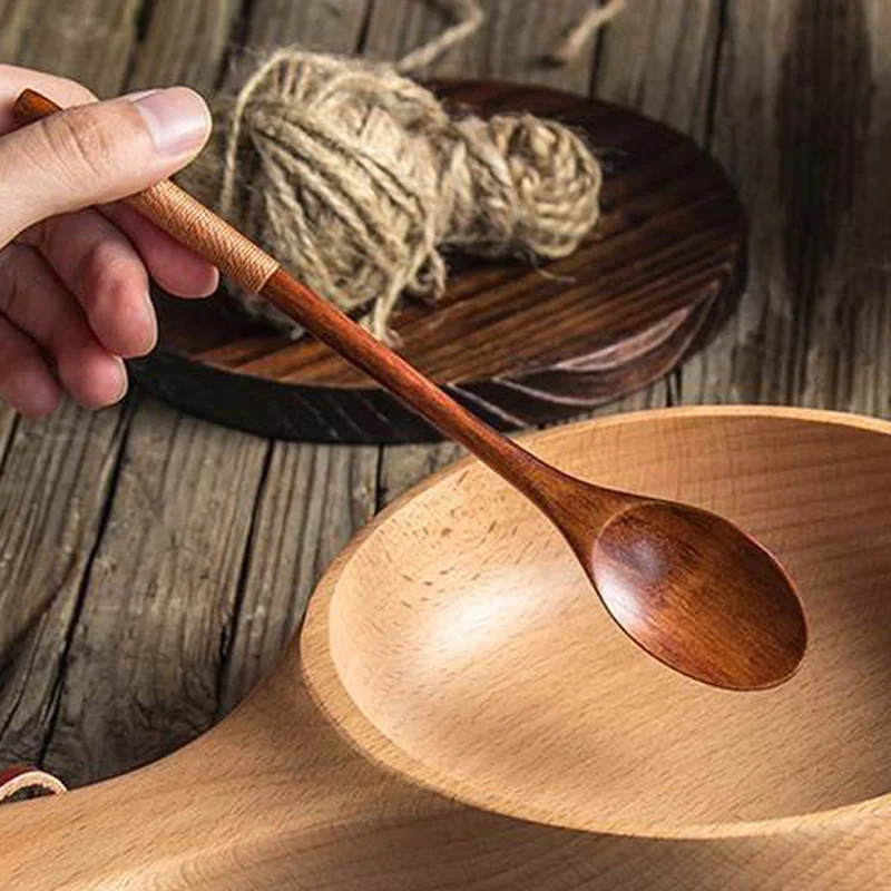 6 Pieces Wooden Long Spoons Long Handle Round Spoons Korean Style Soup  Spoons for Soup Cooking Mixing Stirring Kitchen Tools Utensils, 10.9 Inch 