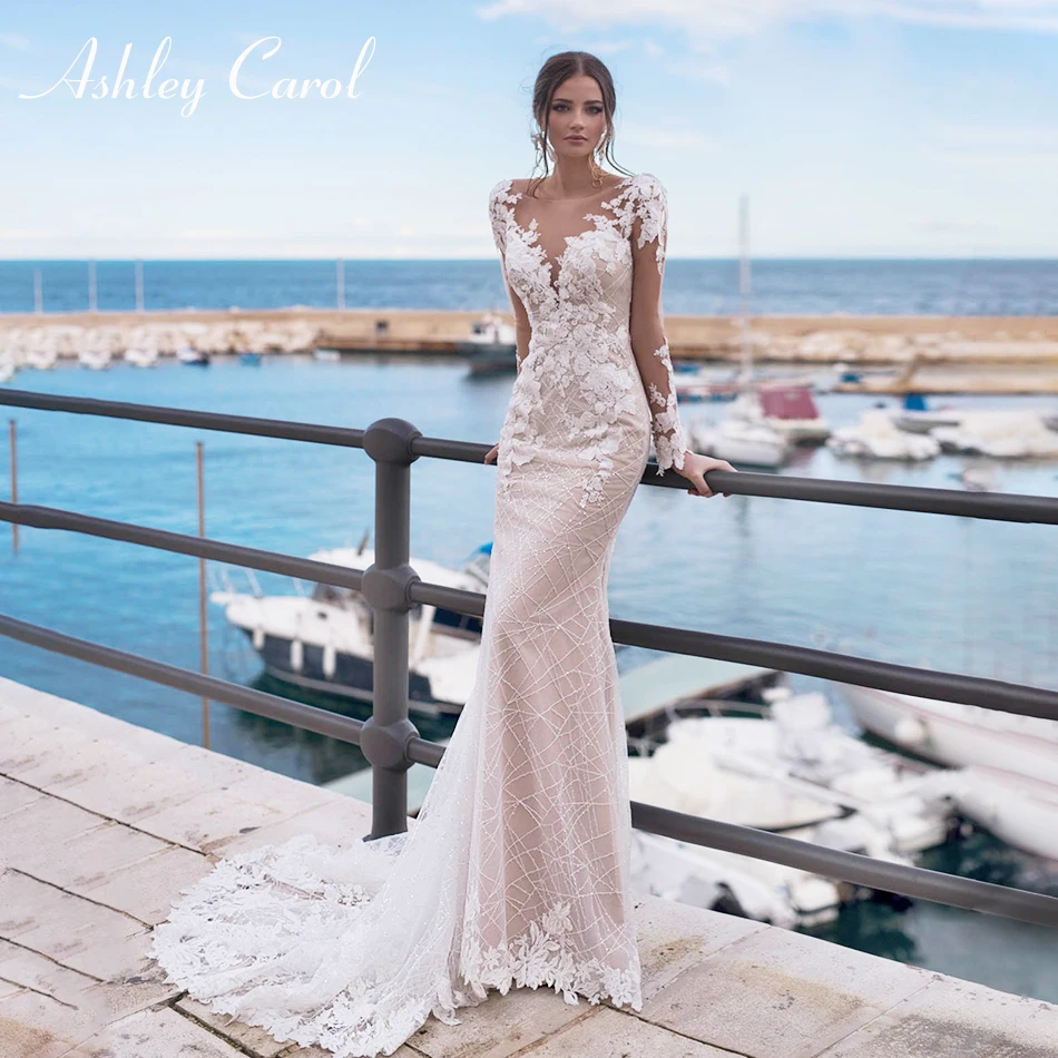 Ashley Carol Sexy Backless Lace Mermaid Wedding Dress 2022 Long Sleeve Bridal Beaded Appliques V Neck Beach Bride Gowns