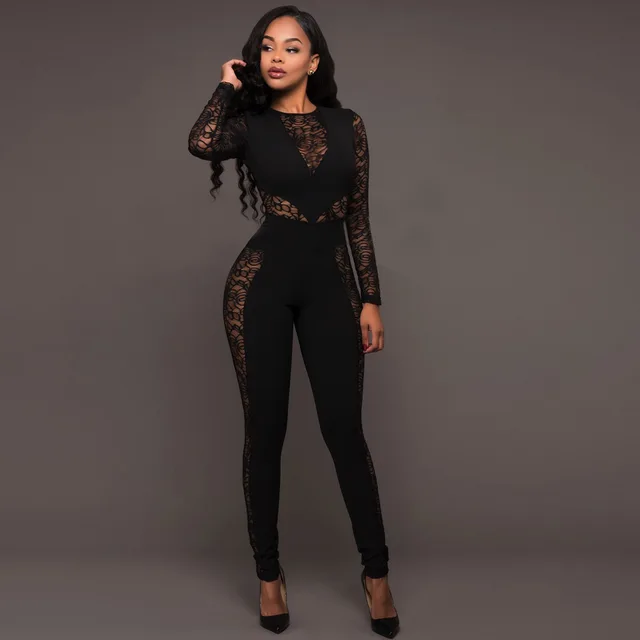Long Sleeve Black Lace Jumpsuit Women 