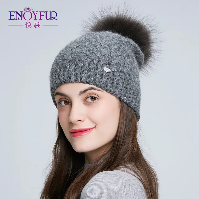 ENJOYFUR Winter fur pompom hat 