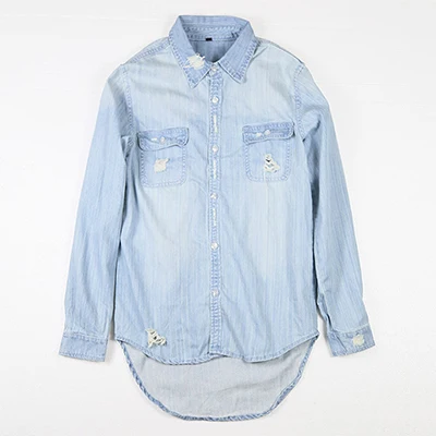 Men Ripped Light Blue Denim Shirt 