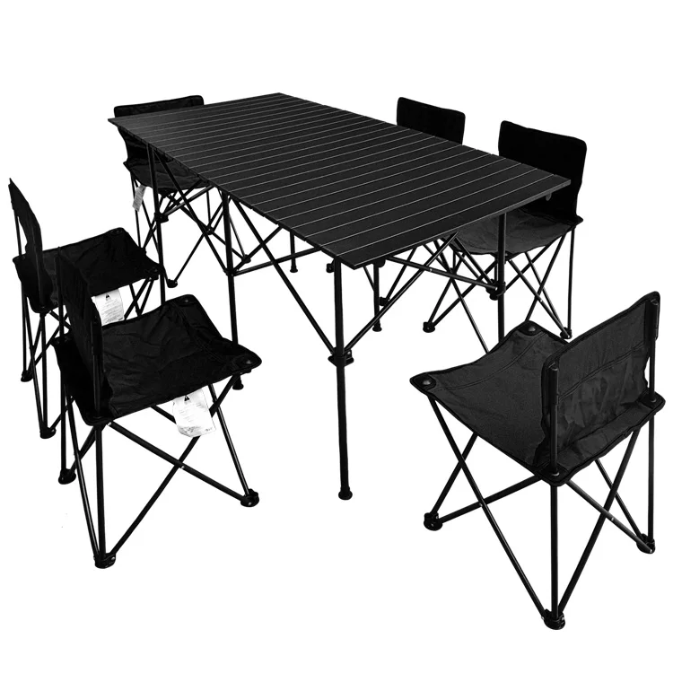 black fold up table and chairs