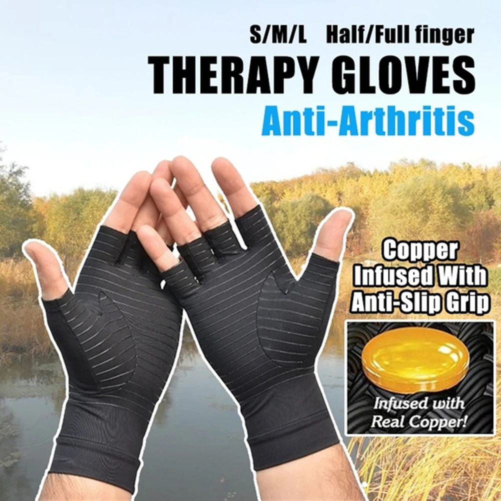 1Pair Copper Compression Arthritis Gloves with Strap,Fingerless