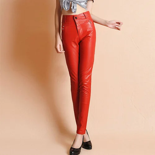 high waisted red leather pants