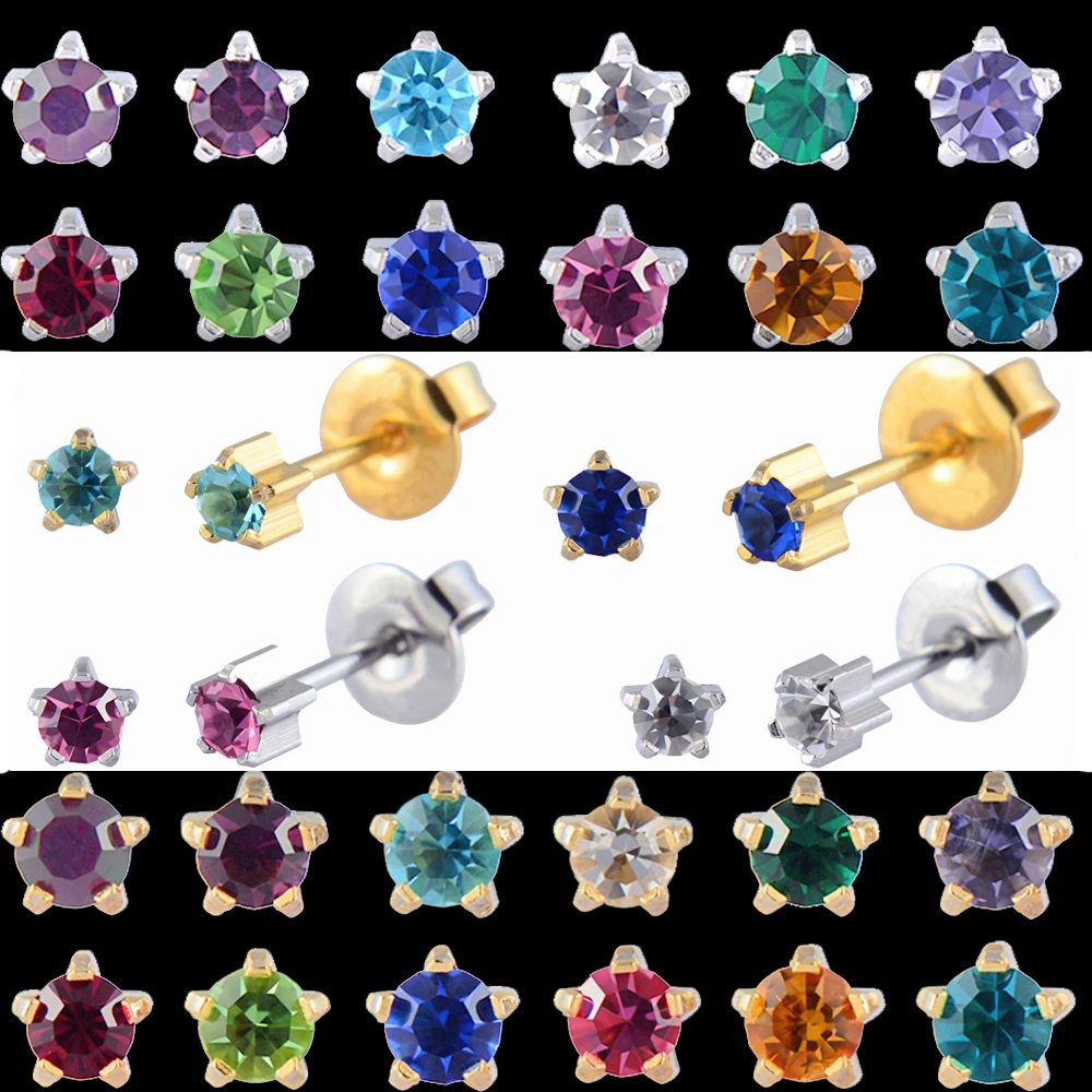 2pcs Gold Plated Steel Earring Studs for Ear Piercing Gun Birthstone CZ Ear  Stud Earrings Studs Tragus Cartilage Body Jewelry