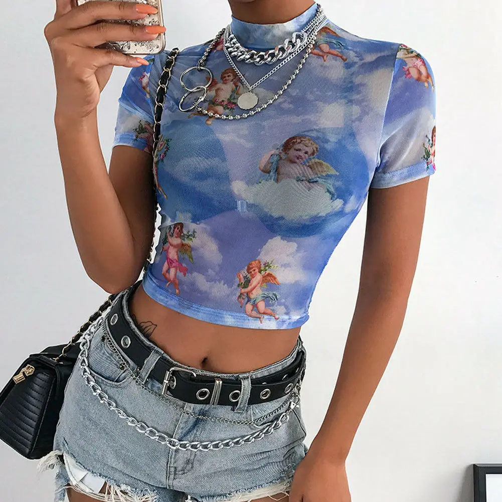 See Through Crop Top Women Short Sleeve 