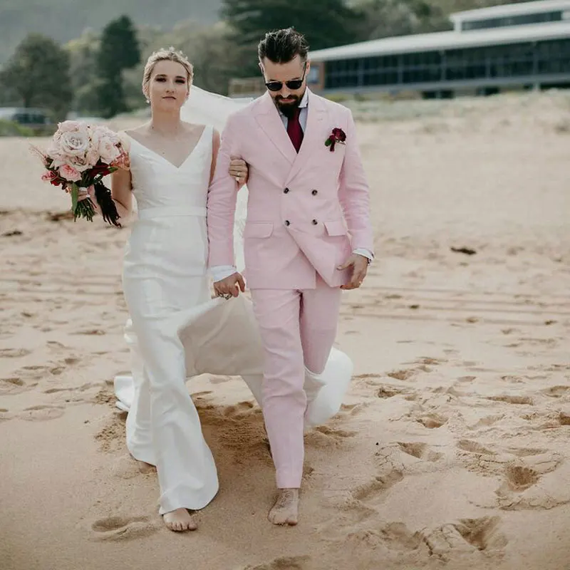 Summer Wedding Pink Linen Men Suits 
