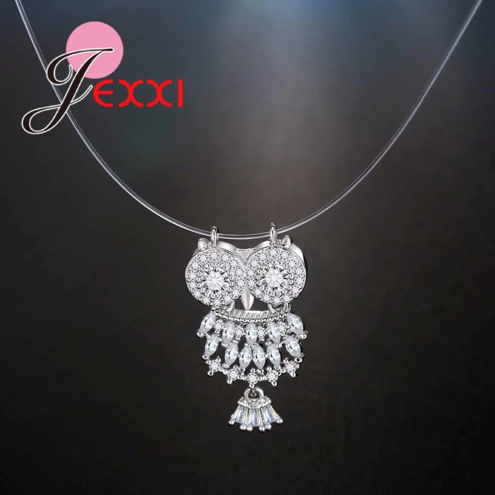 Купить Ювелирные изделия  925 Sterling Silver Dazzling Zircon Owl Pendants  Necklace And Invisible Transparent Fishing Line Necklaces Jewelry