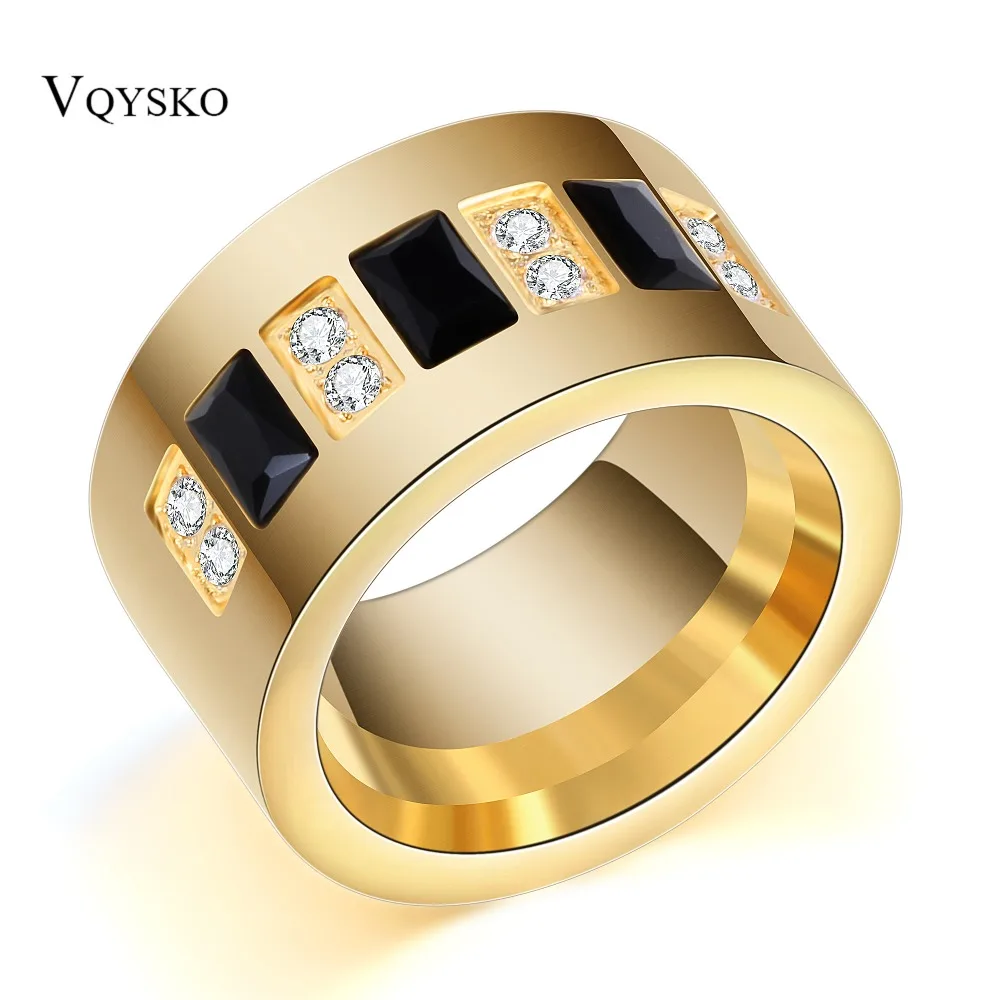 Gold Color Stainless Steel White/Black CZ Zircon Channel Setting Wedding Ring for Women-animated-img