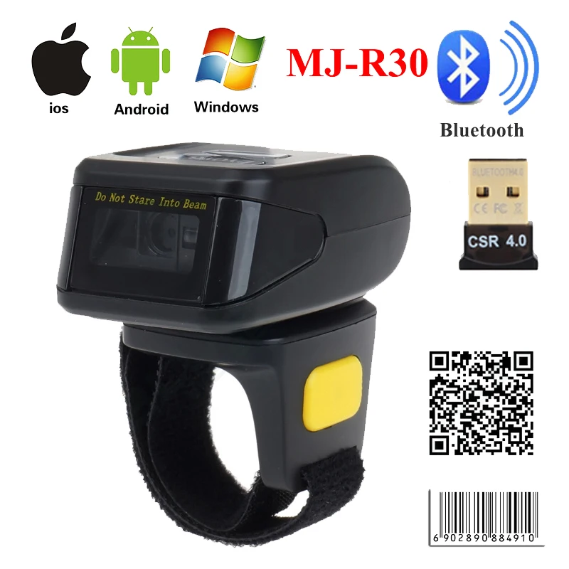 Eyoyo MJ-R30 Portable Bluetooth Ring 2D Scanner Barcode Reader For IOS Android Windows PDF417 DM QR Code 2D Wireless Scanner-animated-img