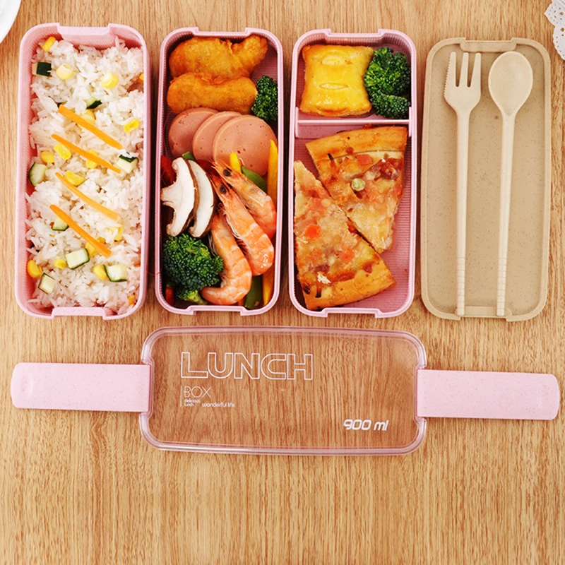 TUUTH Microwave Lunch Box 3 Layer 900ml Storage Box Wheat Straw Fruit Salad Rice Bento Box Food Container for School Office preview-7