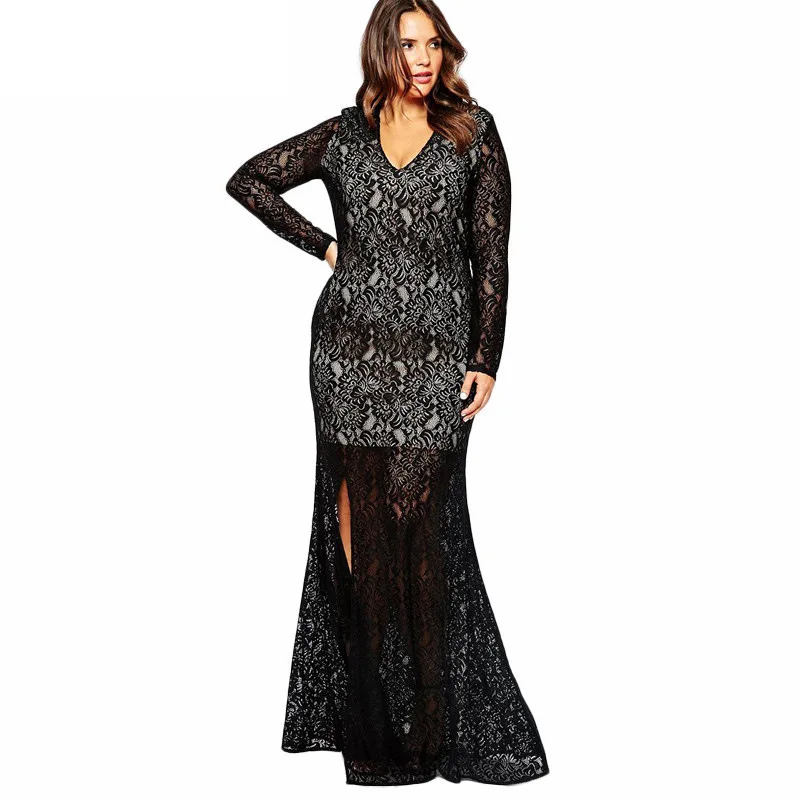 5XL 6XL 7XL Long sleeve Lace maxi 