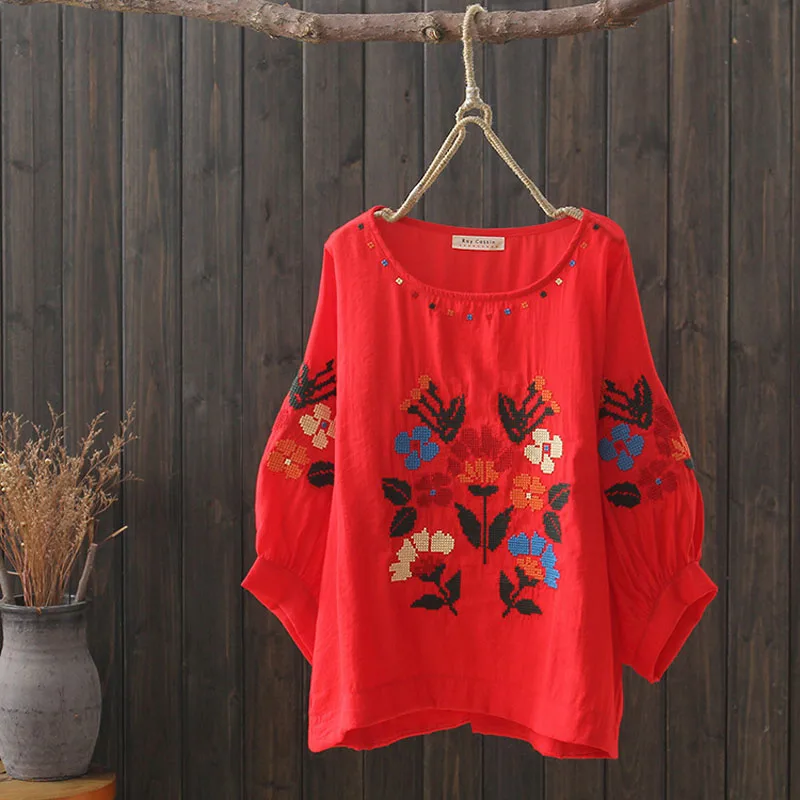 KHALEE YOSE Floral Embroidery Blouses Shirt Navy Cotton Summer