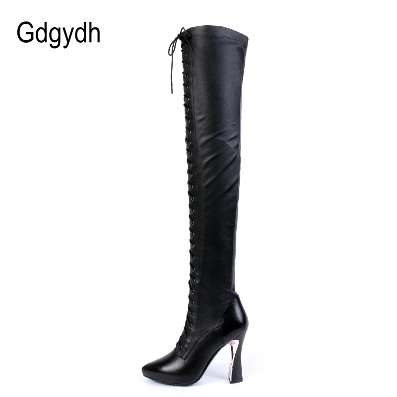 black genuine leather over the knee boots