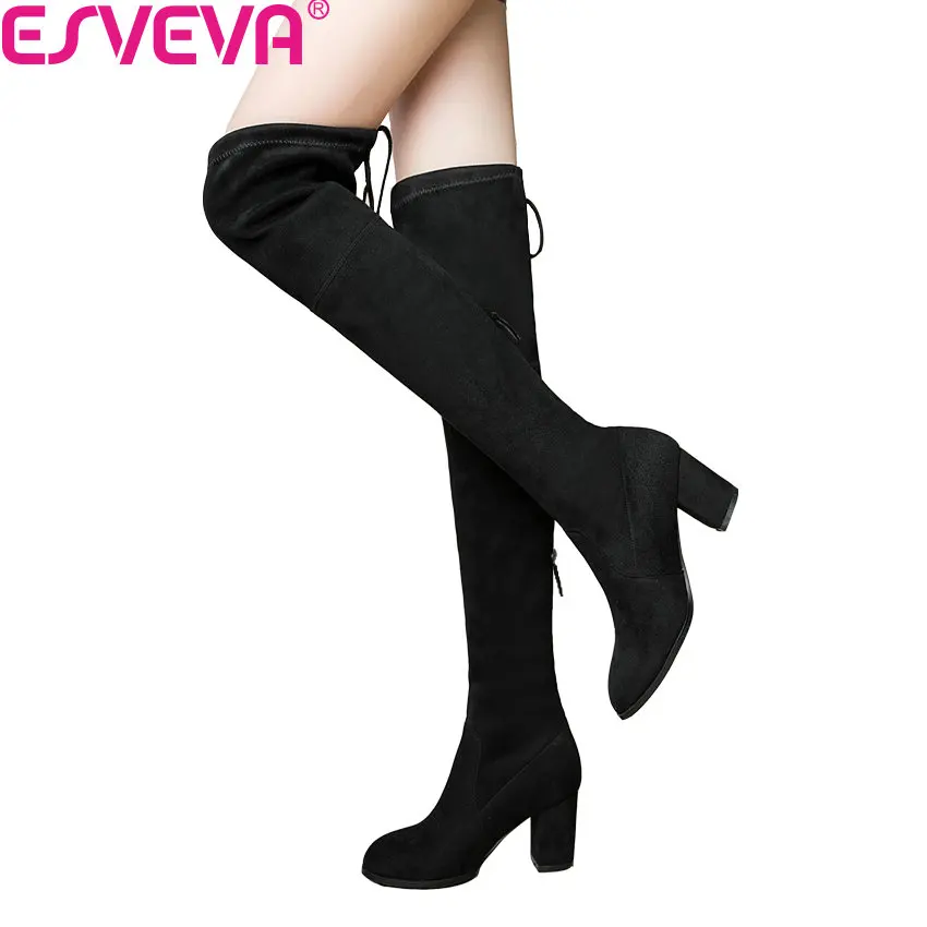 ESVEVA 2020 Over The Knee Boots Winter Round Toe Warm Women Boots Lady Short Plush + Stretch Fabric Fashion Boots Big Size 34-43-animated-img