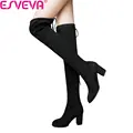 Esveva 2020 מעל מגפי הברך חורף עגול בוהן מגפי נשים חמים גברת קטיפה קצרה + בד מתיחה מגפי אופנה מידה גדולה 34-43