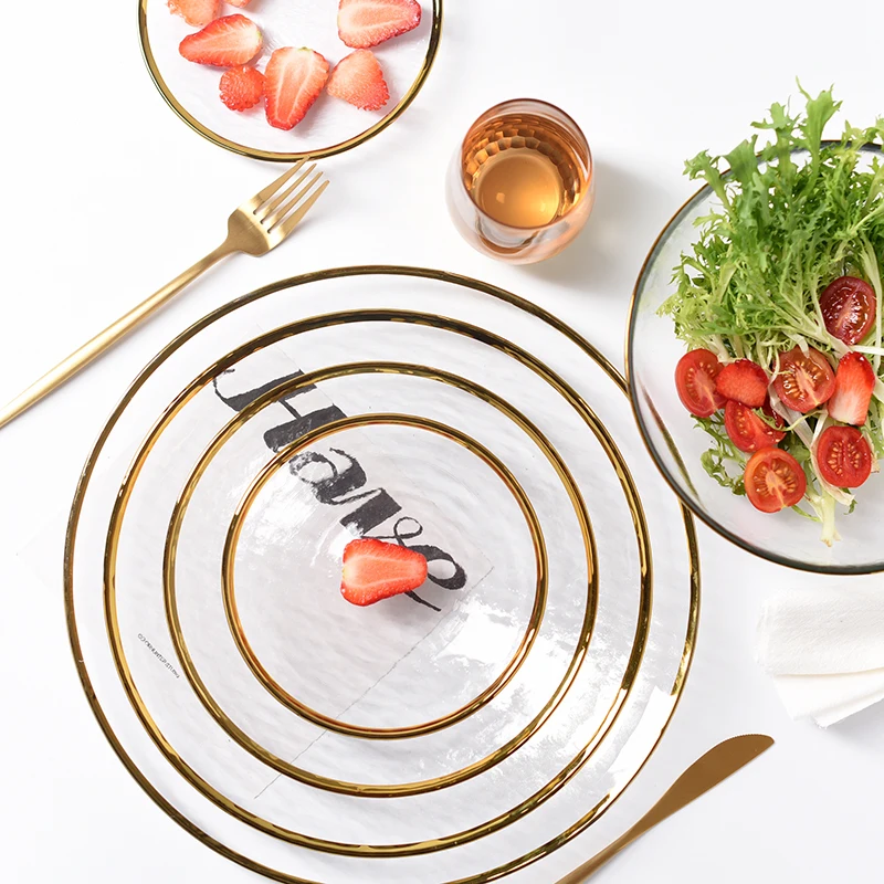 Nordic Gold Bead Glass Charger Plate for Dinner Decorative Salad Fruit  Wedding Plate Dinner