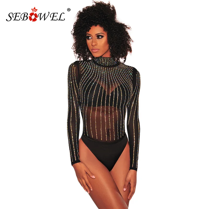 SEBOWEL Sexy Black Turtleneck Mesh 