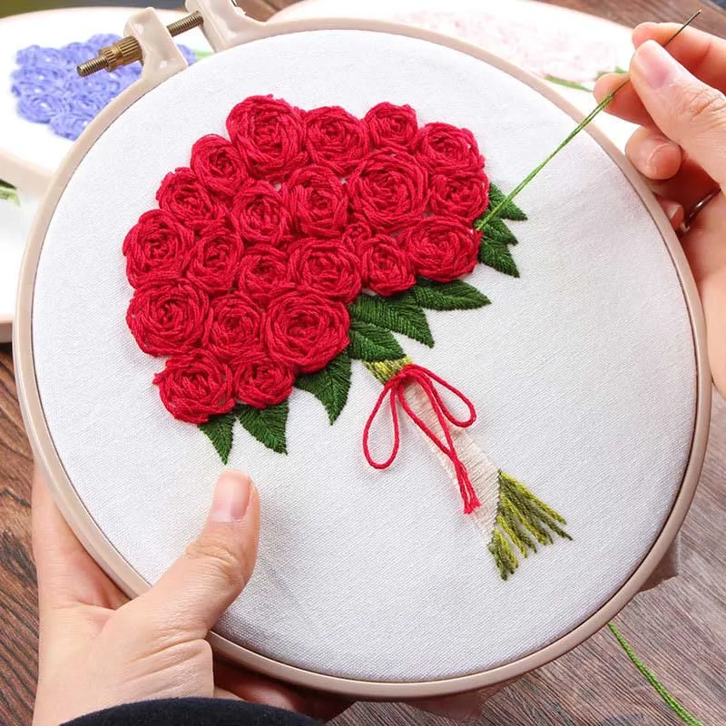 3D DIY Rose Flower Bouquet Embroidery Set with Hoop for Beginner