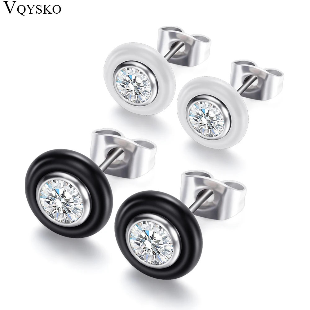 Fashion Wedding Bijoux Black White Ceramic Stud Earrings For Women With Big Carat AAA Health Ceramic Round Zirconia Earring Girl-animated-img