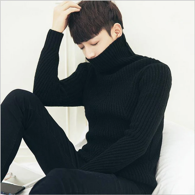 White Black Turtleneck Sweater Men 