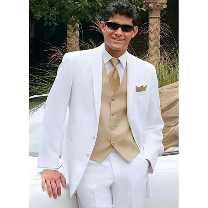White wedding suits for men gold vest 