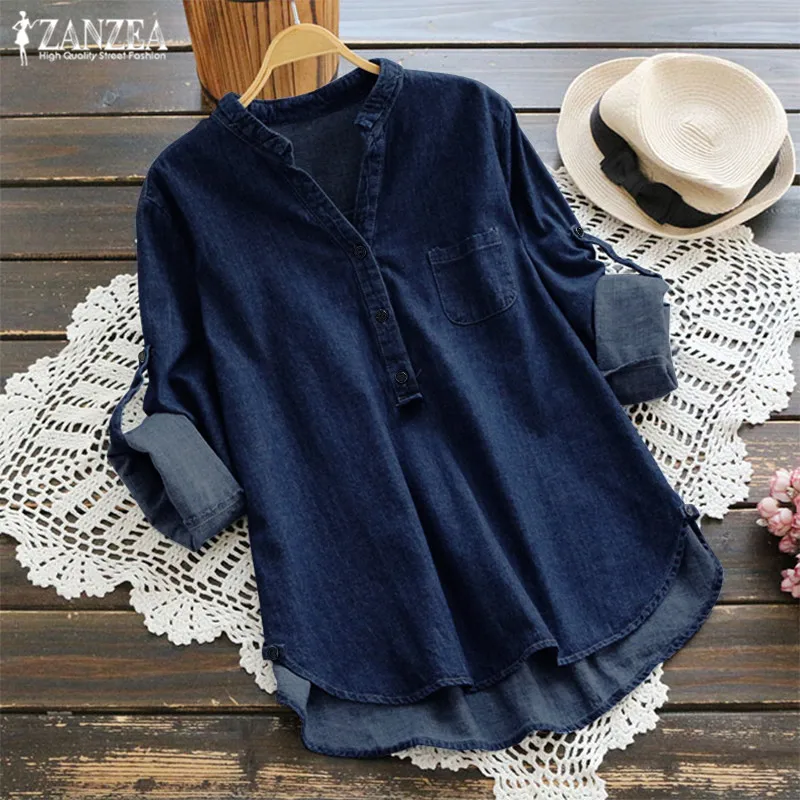 ZANZEA 2022 Women's Denim Blue Shirts 