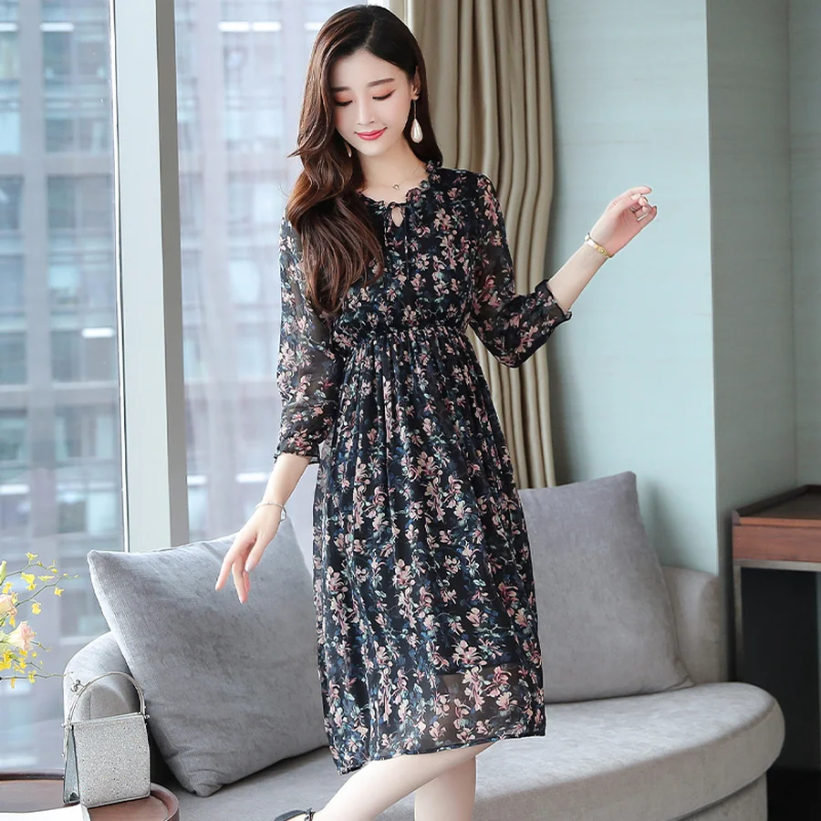 2022 Femal Vintage Floral Chiffon Midi 