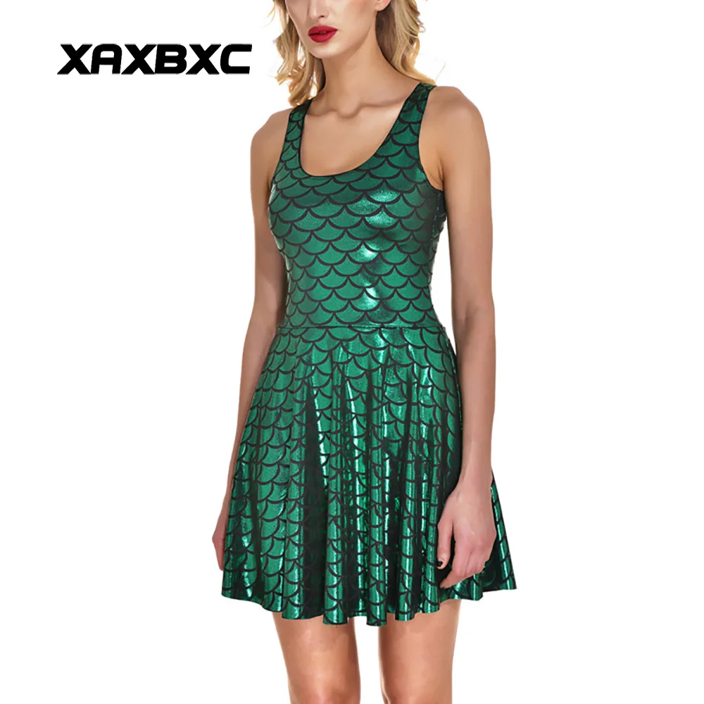 NEW 1006 Sexy Girl Women Summer Shiny dragon Fish scale Green 3D Prints Reversible Sleeveless Skater Pleated Dress-animated-img