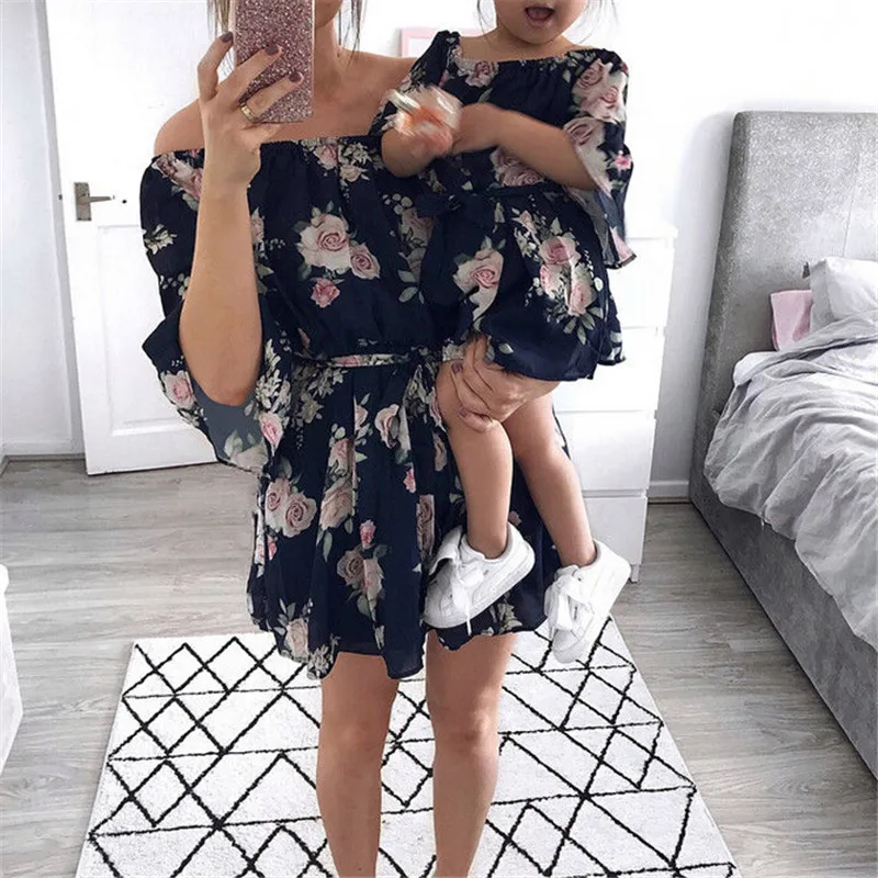 Mother Daughter Dresses Family Matching Outfits Off Shoulder Floral Dress Summer Chiffon Girl Women Boho Loose Dresses Sundress-animated-img