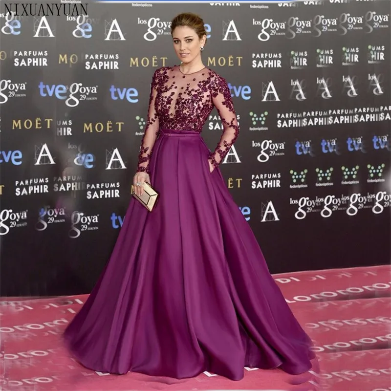 Women Purple Long Sleeve Evening Gowns 