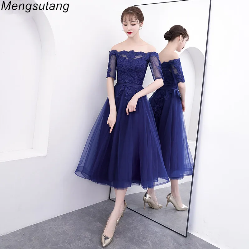 Robe de soiree Navy Blue Boat Neck 