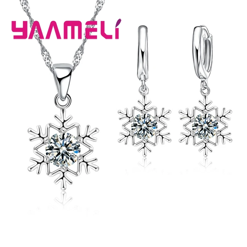 Qualified Snowflake Women 925 Sterling Silver Jewelry Set Zircon CZ Crystal Pendant Necklace Earrings Party Gift-animated-img