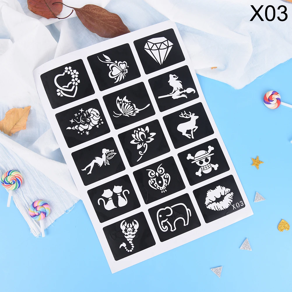 1 Sheets 15pcs Airbrush Glitter Tattoo Stencils Girl Kids Drawing