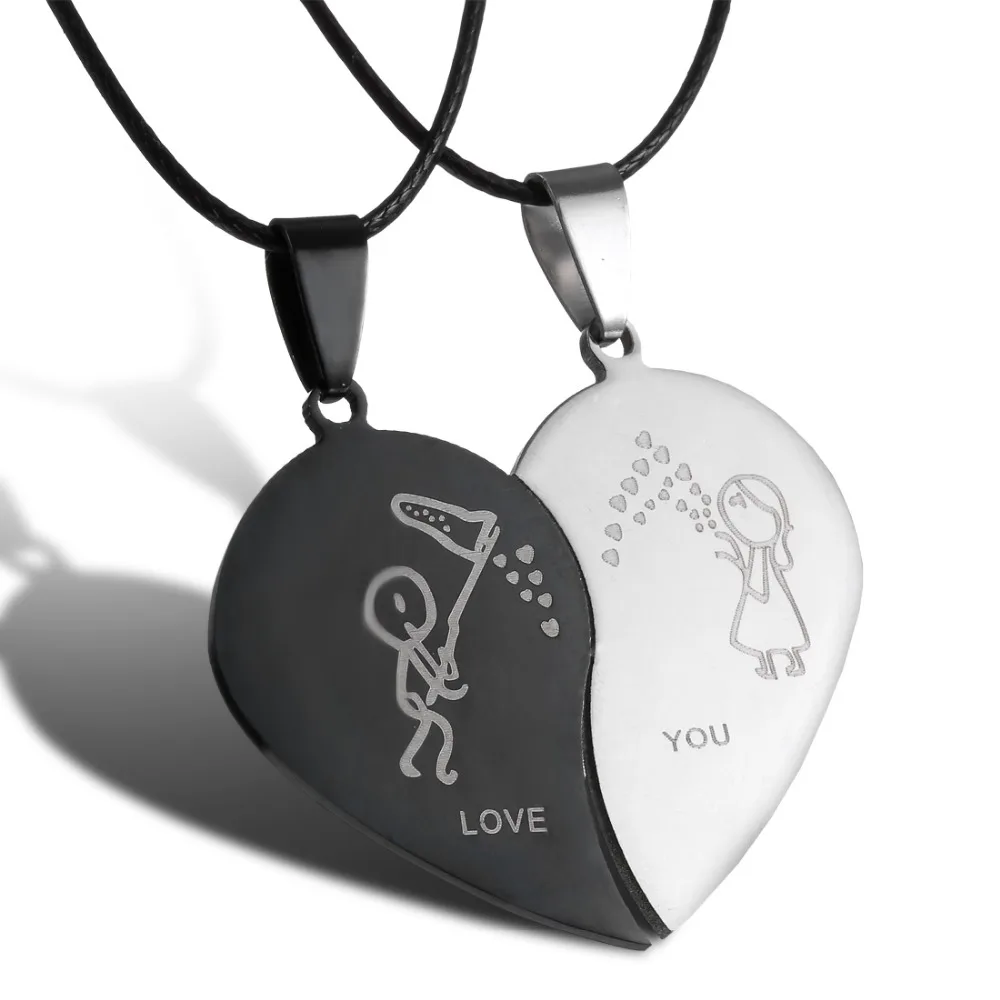 Couples Jewelry Broken Heart Necklaces Black Couple Necklace Stainless Steel Engraved Love You Pendants Necklace Valentine's Day-animated-img