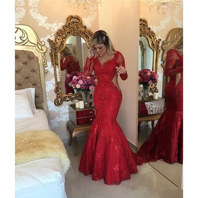 Red Prom Dresses Mermaid V-neck Long 