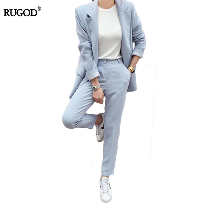 RUGOD New Blazers Suit Solid Simple Women Pants Suits 2 Two Piece Sets Long Slim Jacket & Pants Female High quality Lady Suit-animated-img