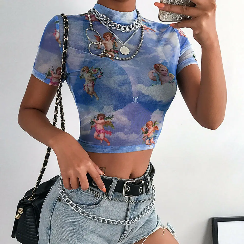 See Through Crop Top Women Short Sleeve 