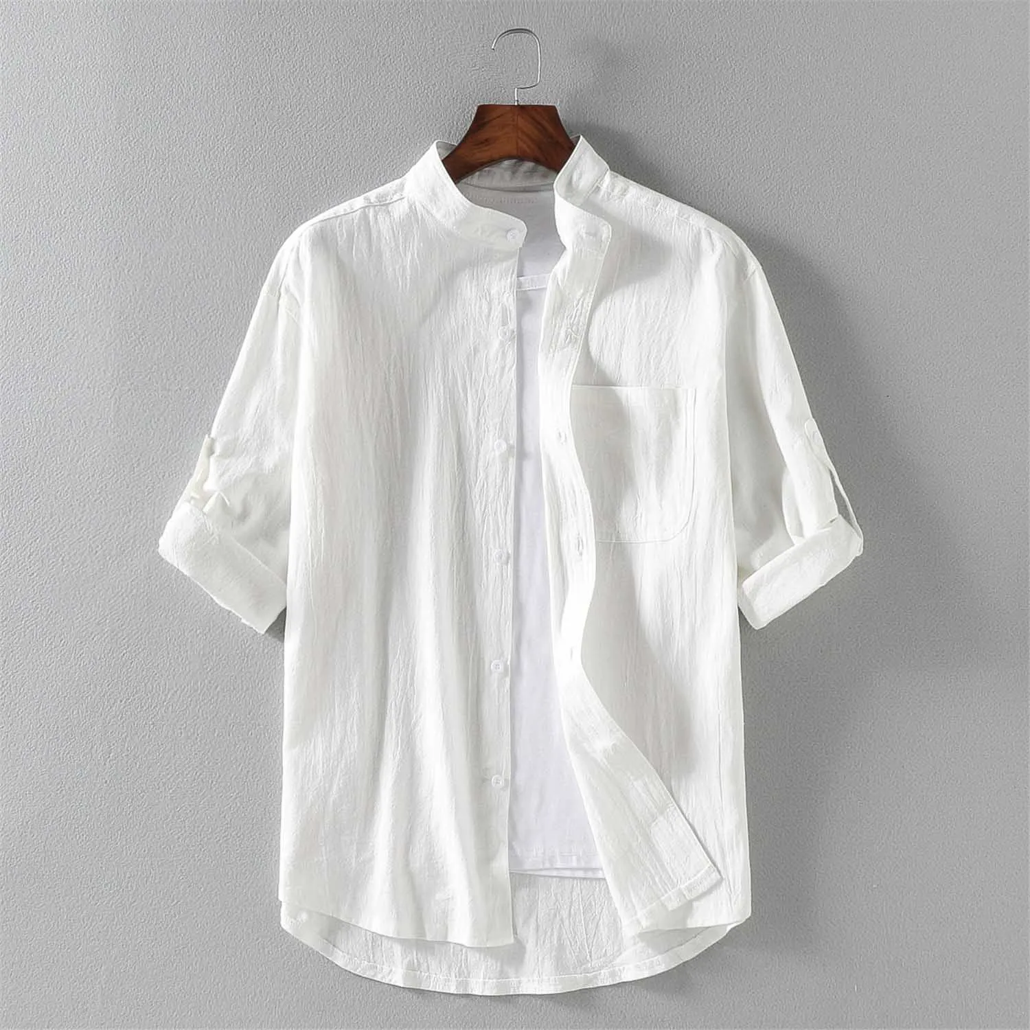 Cotton Shirts Male Fashion Stand Solid 