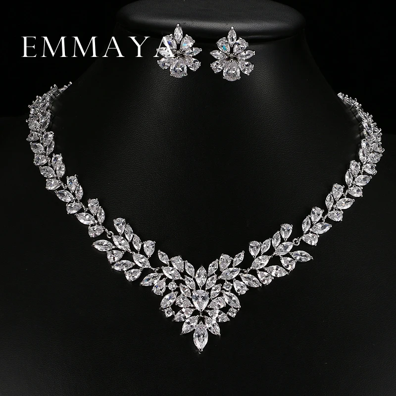 Emmaya New Top White Gold Plate Flower AAA Cubic Zircon Pendant/Earrings for Women Wedding Jewelry Sets