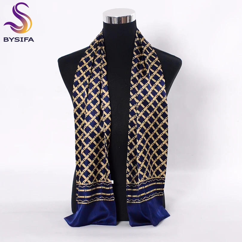[BYSIFA] Navy Blue Gold Plaid Men Silk Scarves Fashion Accessories Autumn Winter Male Pure Silk Long Scarves Cravat 160*26cm-animated-img