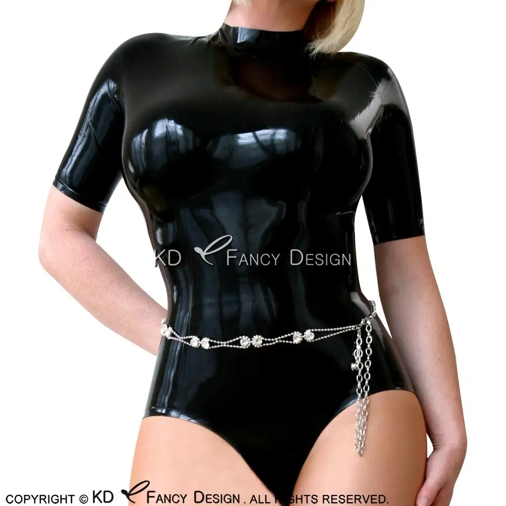 Black Sexy Latex Swimsuit With Half Sleeves And Back Short Zipper Rubber  Bodysuit Body Suit Catsuit Without Steel Belt LTY-0205