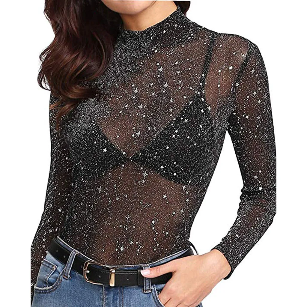 Women Sequin See-Through Long Sleeve 