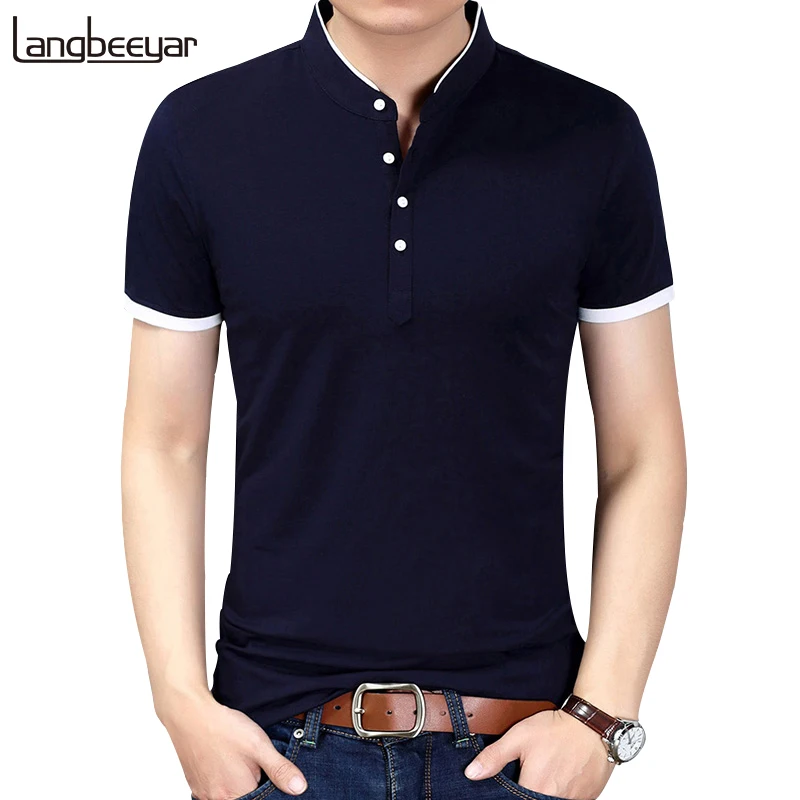 2023 Summer New Fashion Brand Clothing Tshirt Men Solid Color Slim Fit Short Sleeve T Shirt Men Mandarin Collar Casual T-Shirts-animated-img