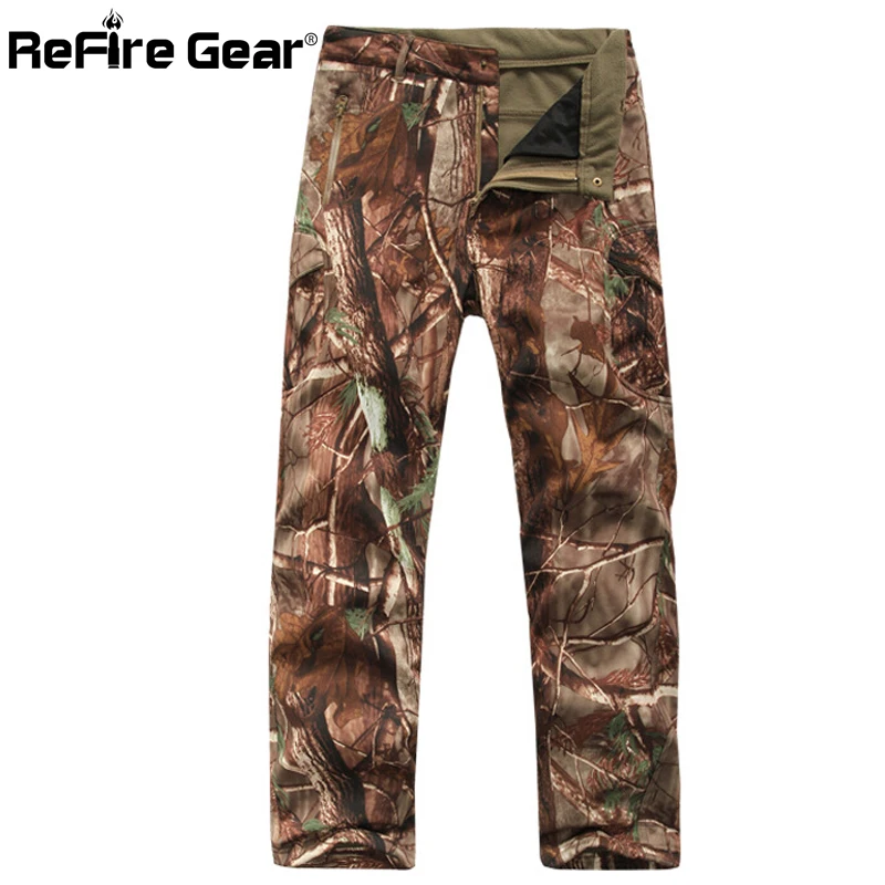 ReFire Gear Winter Shark Skin Soft Shell Tactical Military Camouflage Pants Men Windproof Waterproof Warm Camo Army Fleece Pants-animated-img