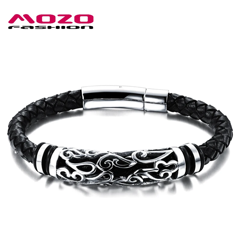 MOZO FASHION Hot Brand Jewelry Men Leather Bracelet Male Vintage Bangles Stainless Steel Exquisite Snaps Mens Bracelet MPH901-animated-img