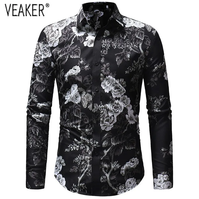 Shirt Men Slim Fit Flower Shirt Tops 